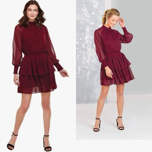 NWT MUDPIE Long Sleeve Swiss Dot Cowl Neck Burgundy Dress Sz M - Picture 1 of 7